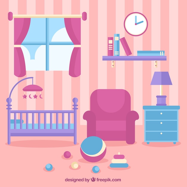chambre de bébé rose avec berceau et jouets sur le plancher