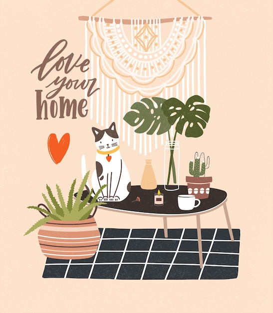 Chambre Confortable Avec Table, Chat Assis Dessus, Plantes En Pot, Décorations Pour La Maison Et Phrase Love Your Home écrite Avec Une Police Cursive.