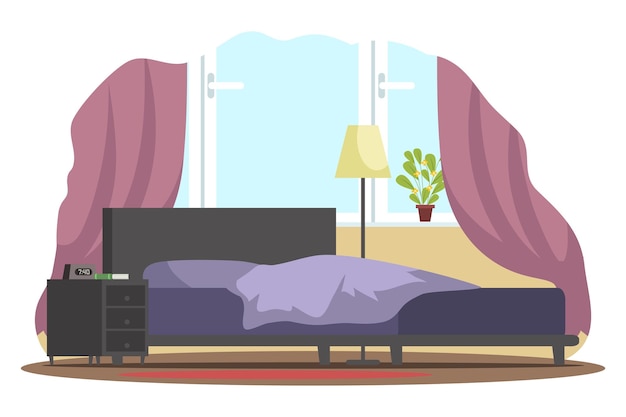 Vecteur chambre à coucher design d'intérieur chambre avec fenêtre avec rideaux et lit de plante avec oreiller et couverture lampe placard avec alarme et livre