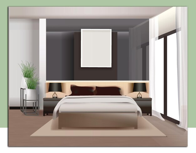Vecteur une chambre à coucher avec un lit et une affiche sur le mur
