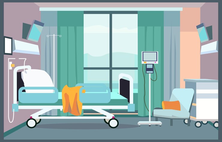 Une chambre d'hôpital colorée avec un lit et du matériel médical