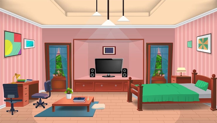 Vecteur chambre à l'intérieur avec intérieur de capboard de table d'ordinateur de lit