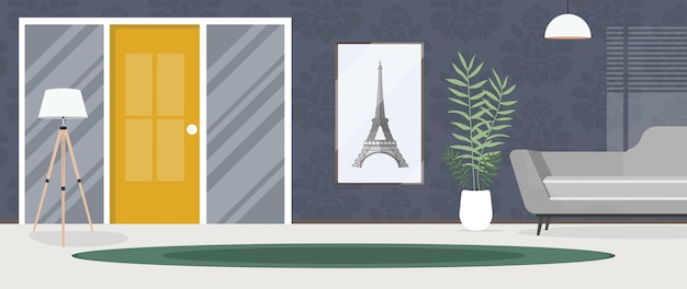 Chambre Moderne Avec Canapé, Tapis, Lampe Et Plante D'intérieur. Style De Dessin Animé. Illustration Vectorielle.