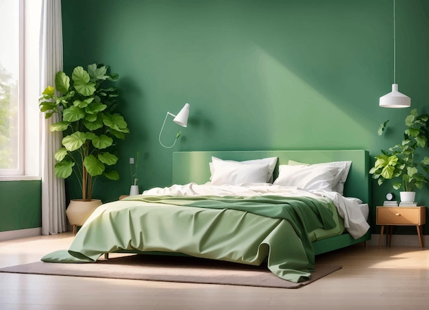 Une Chambre Avec Un Mur Vert Et Un Lit Avec Une Couverture Blanche Dessus Illustration Vectorielle