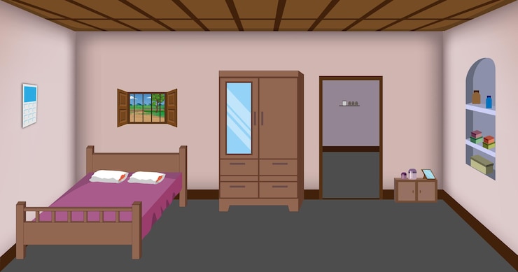 Vecteur chambre de village de dessins animés avec dessin d'illustration almirah
