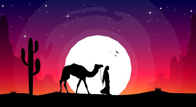 Un chameau et un homme marchant devant une pleine lune