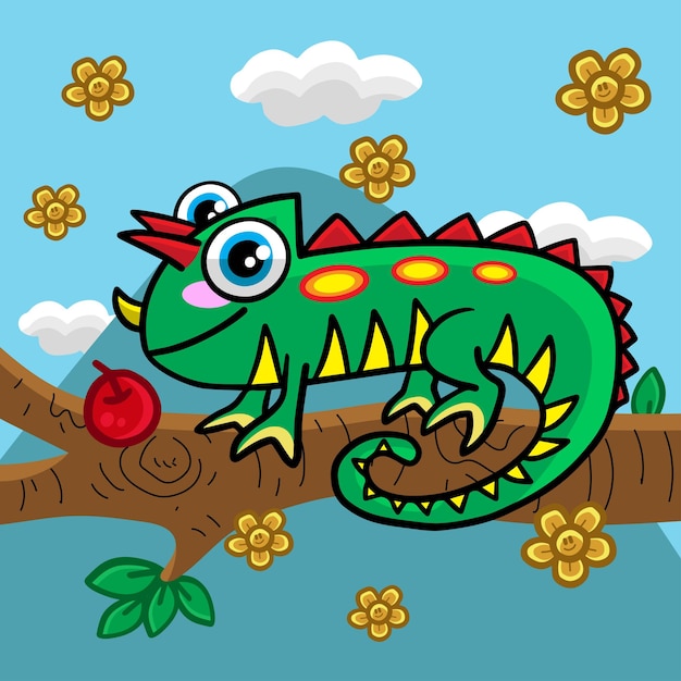 Chameleon Hanging On Tree Trouver Une Pomme Cartoon