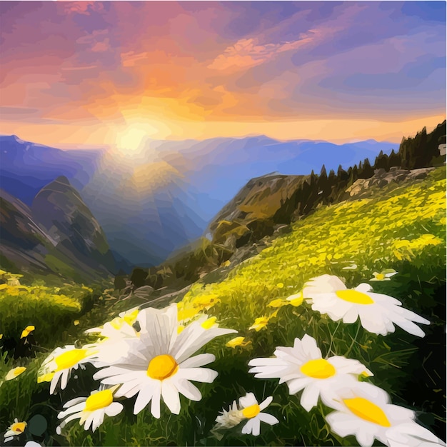Vecteur champ de fleurs de marguerites sur fond de montagnes sous un ciel de coucher de soleil d'été avec des nuages