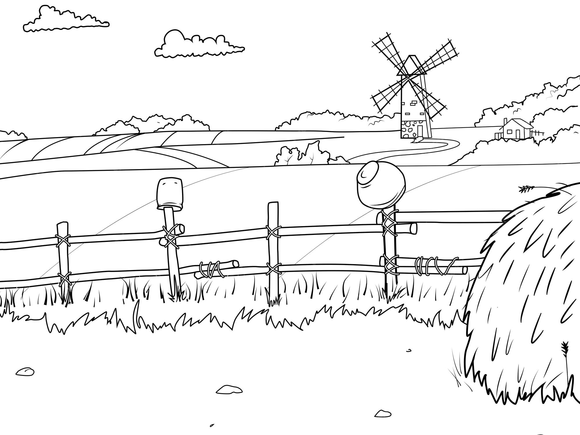 Champ De Paysage Rural Et Botte De Foin Livre De Coloriage Pour Enfants