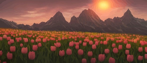 Un champ de tulipes sur fond de montagnes illustration vectorielle de bannière de printemps énorme champ de