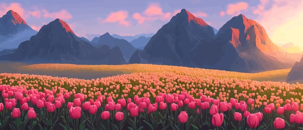 Vecteur un champ de tulipes sur fond de montagnes illustration vectorielle de bannière de printemps énorme champ de