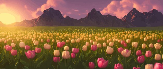 Vecteur un champ de tulipes sur fond de montagnes illustration vectorielle de bannière de printemps énorme champ de