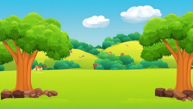 Un champ vert avec des arbres et une maison au loin sur fond de ferme