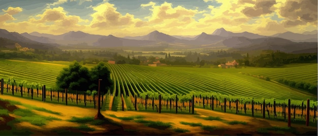 Vecteur champ de vigne sur les collines illustration vectorielle paysage artistique avec des raisins en pleine croissance ferme viticole