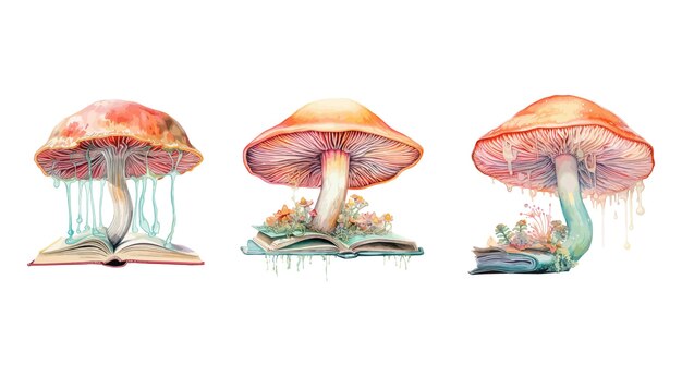 Vecteur champignon à l'aquarelle qui pousse dans un livre