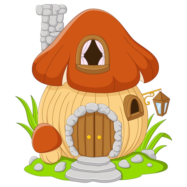 Champignon De Maison De Fée Dessin Animé Sur Fond Blanc