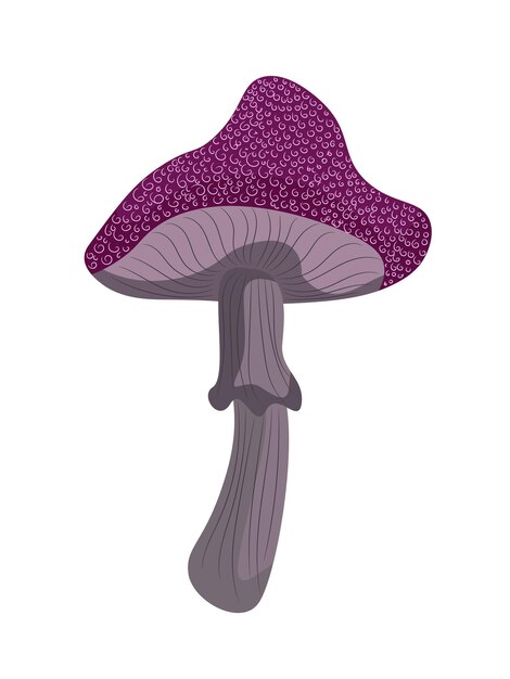 Un Champignon Violet Bordeaux Foncé Avec Un Grand Chapeau Avec Des Boucles Sur Une Tige Avec Une Jupe