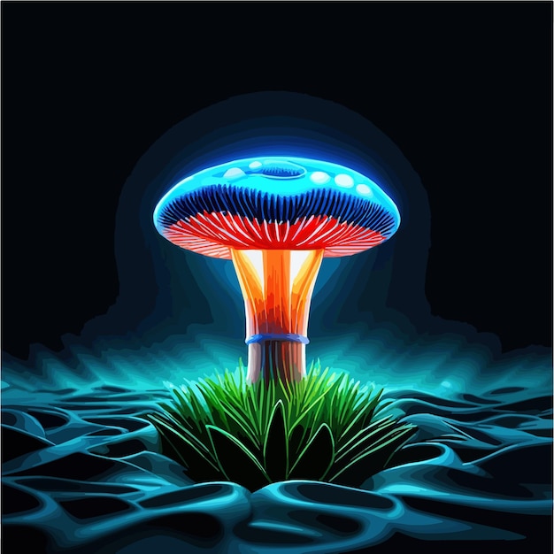 Champignons Au Néon Dans Une Forêt Sombre La Nuit Illustration Vectorielle De Plantes Mystiques De Couleur Vive