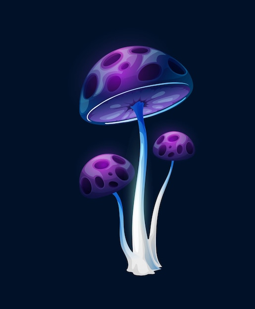 Champignons bleus violets longs magiques fantastiques. Conception d'éléments d'interface utilisateur et d'interface graphique de jeu de forêt extraterrestre de vecteur. Plante féerique ou champignon fantastique avec des tiges et des chapeaux brillants avec des trous, champignon magique fantastique