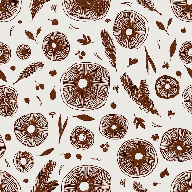 Champignons dessinés à la main modèle vectorielle continue Chapeaux de champignons baies branches de sapin aiguilles de sapin feuilles pour l'impression de papiers peints de fabrication de textile de tissu