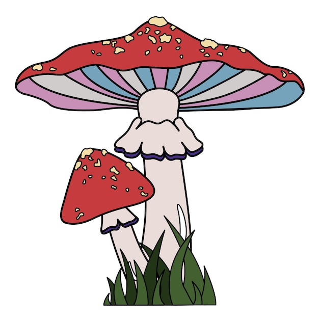 Vecteur les champignons hippie psychédéliques rétro des années 70 les champignons magiques des dessins animés à l'acide volent à l'agaric l'été psychédélique