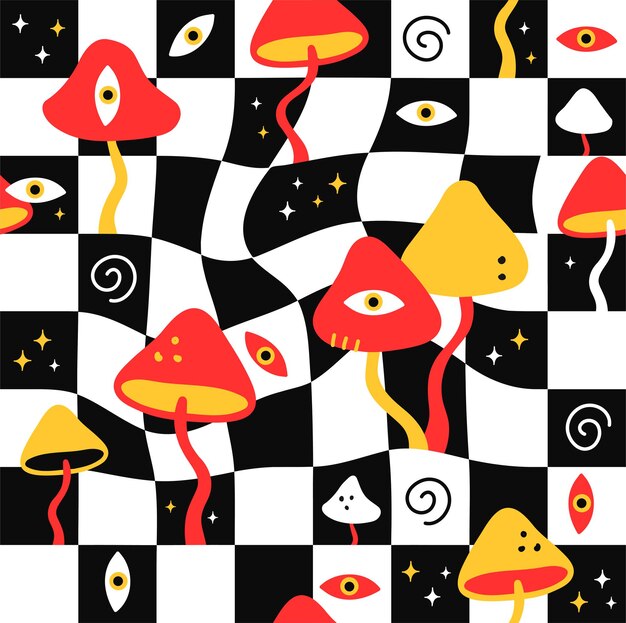 Champignons Magiques Et Modèle Sans Couture De Cellules De Géométrie De Fonte. Illustration De Dessin Animé Fou De Vecteur. Champignons Magiques, Yeux Psychédéliques, Acide, Trippy, Cellules, Concept D'impression De Papier Peint à Motif Transparent Techno