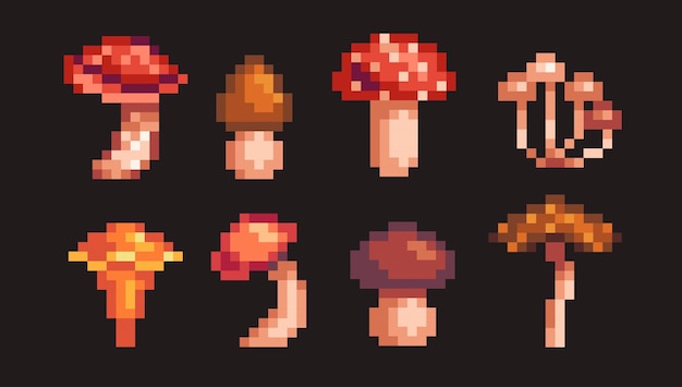 Champignons Pixel Art Set Collection De Plantes Forestières De Champignons