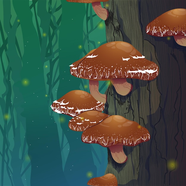 Vecteur champignons shiitake dans les bois illustration vectorielle