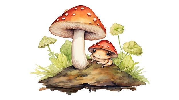 Des champignons vintage à l'aquarelle avec une petite grenouille.