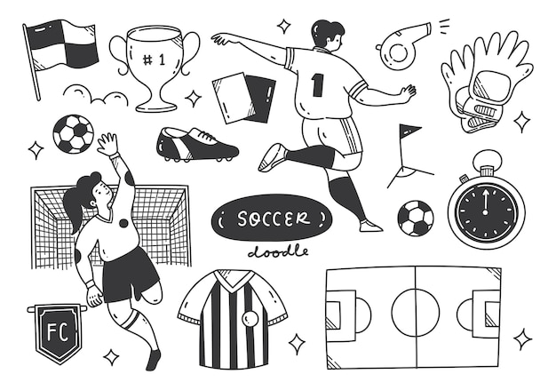 Vecteur championnat de ballon de football dessiné à la main et équipements doodle vector illustration