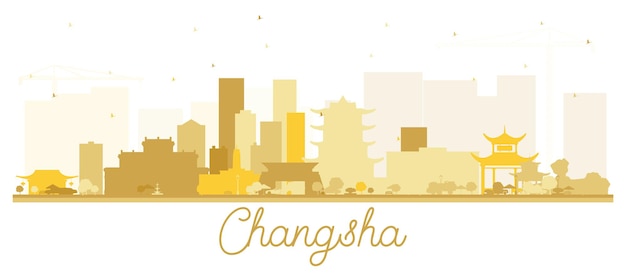 Changsha Chine City Skyline Silhouette Avec Bâtiments Dorés Isolés Sur Blanc. Illustration Vectorielle. Concept De Voyage D'affaires Et De Tourisme à L'architecture Moderne. Paysage Urbain De Changsha Avec Des Points De Repère.