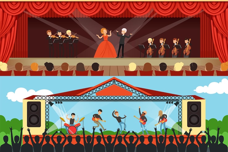 Vecteur chanteurs d'opéra et groupe de rock se produisant sur scène devant le public illustration vectorielle