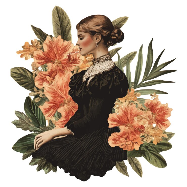 Vecteur une chanteuse vintage avec un microphone rétro et de grandes fleurs en arrière-plan