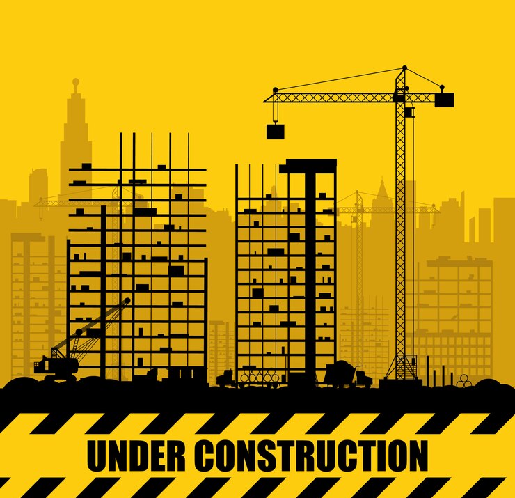 Vecteur chantier de construction avec bâtiments et grues