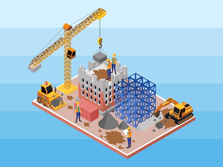 Un chantier de construction sale avec des ingénieurs, des ouvriers et un constructeur