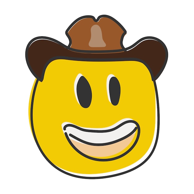 Chapeau de cowboy emoji Émoticône souriant heureux avec chapeau à bords en cuir marron Émoticône de style plat dessiné à la main