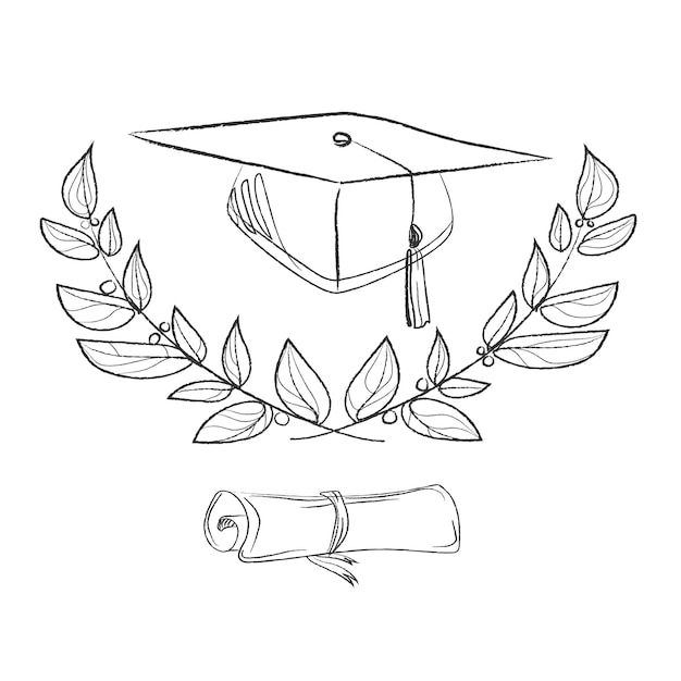 Chapeau De Graduation Avec Couronne De Laurier Diplôme Et Illustration Vectorielle De Branche Isolée