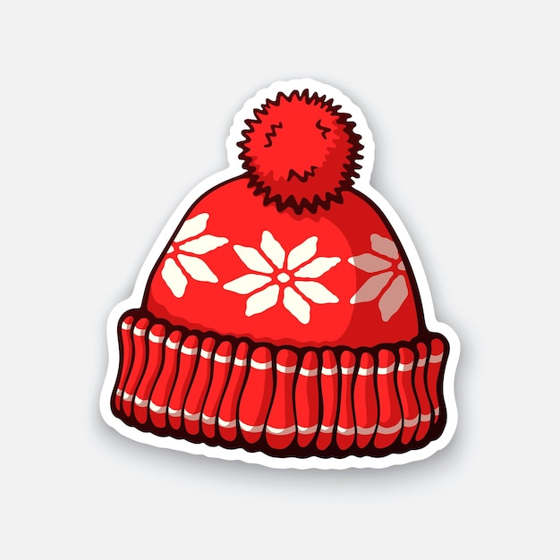 Vecteur chapeau d'hiver rouge avec motif pompon et flocon de neige illustration vectorielle