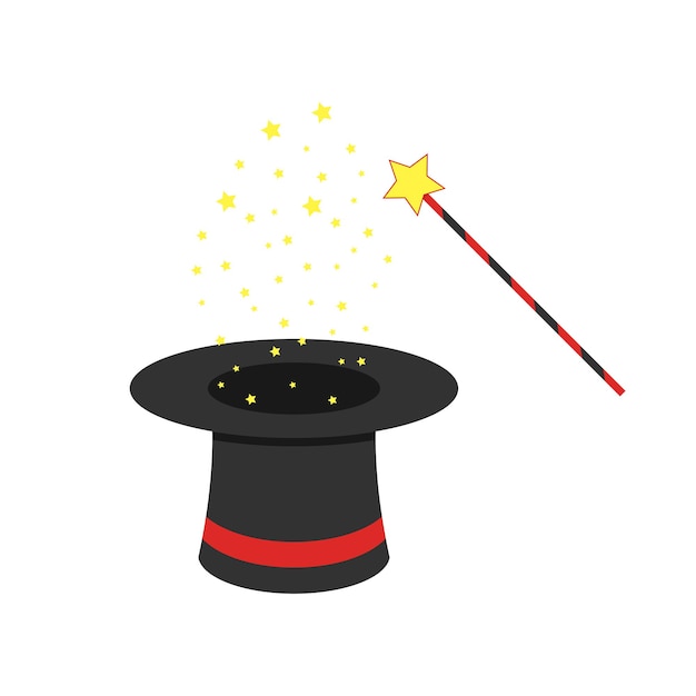 Chapeau Magique Noir Et Baguette Magique Avec Des étoiles Volantes. Illustration Vectorielle. Concept De Spectacle De Magie Au Design Plat