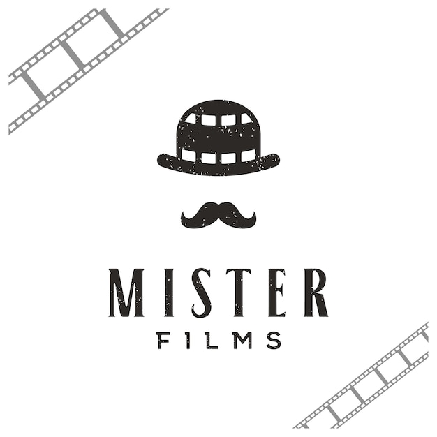 Chapeau melon vintage avec bande de film négatif et moustache de gentleman pour le logo de production de cinéma