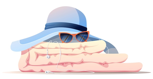 Chapeau De Plage Couvre-lit Lunettes De Soleil Casque Illustration D'été Avec Accessoires De Plage