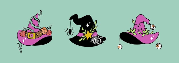 Chapeau De Sorcière Ensemble D'halloween Illustrations Mignonnes Et Effrayantes