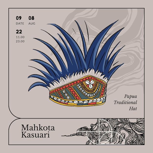 Chapeau Traditionnel Mahkota Kasuari De L'affiche Du Festival De Papouasie Indonésie Inspiration De Conception D'illustration Dessinée à La Main