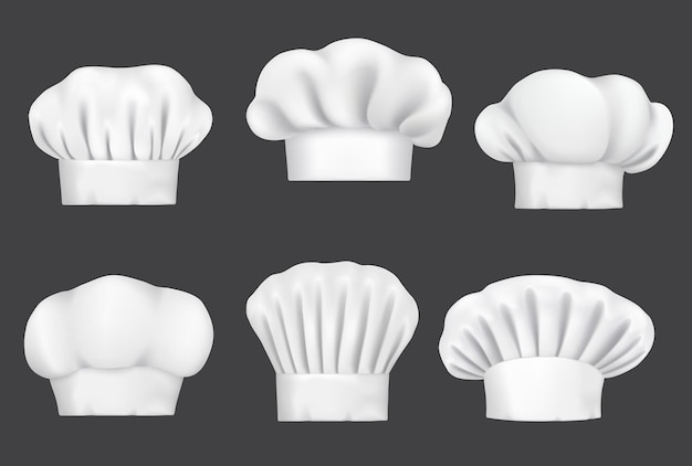 Vecteur chapeaux de chef réalistes casquette de cuisinier et toque de boulanger maquettes vectorielles chapeaux de chef blancs de différentes formes cuisinier de restaurant et uniforme de boulanger culinaire ou thème gastronomique de couvre-chef