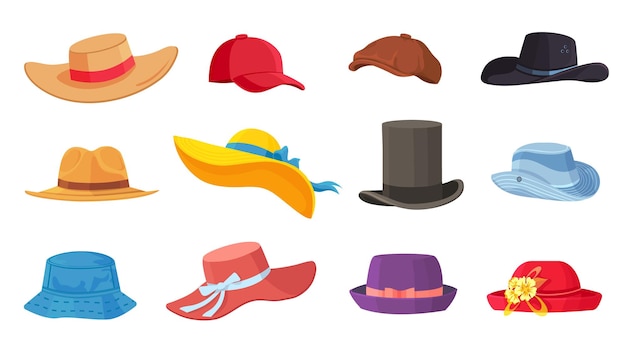 Chapeaux de dessin animé. Couvre-chef féminin et masculin, derby et cowboy, chapeau de paille, casquette, panama et cylindre. Ensemble de vecteurs de chapeaux de mode vintage pour femmes d'été. Illustration accessoire féminin et masculin ca ou chapeau