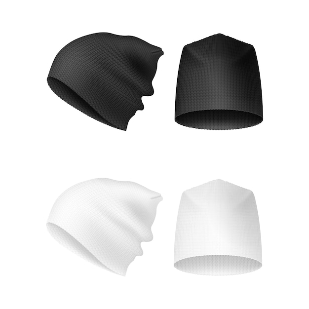 Vecteur chapeaux réalistes chapeaux isolés modèle de mock-up chapeaux de bas de mode dessin noir et blanc tricot chapeau de voleur de laine 3d vêtements d'hiver chapeaux tricotés de laine illustration vectorielle décente