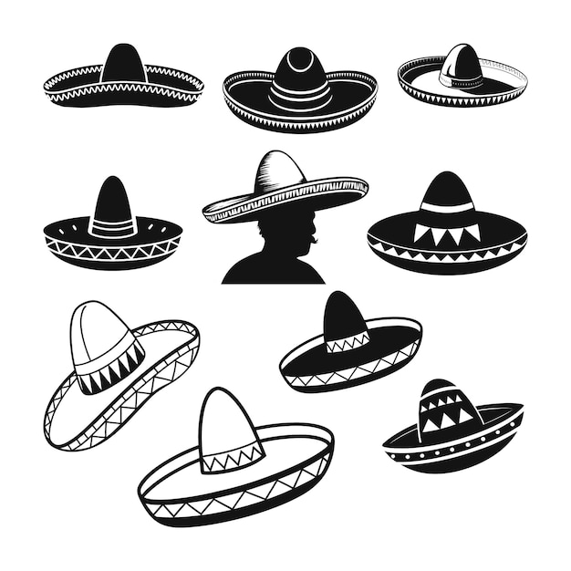 Chapeu mexicano Silhouette Chapeau mexicain SVG Collection de chapeaux de sombrero en noir et blanc