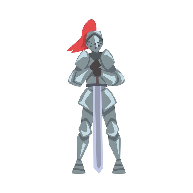 Vecteur character de chevalier médiéval en armure métallique debout avec l'épée illustration vectorielle de style dessin animé
