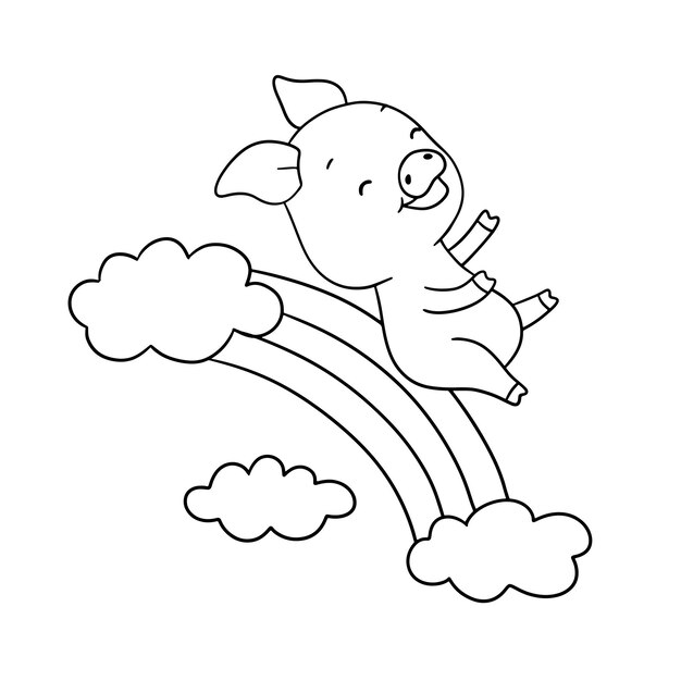 Vecteur character de cochon de contour mignon sur l'arc-en-ciel illustration dessinée à la main pour le livre à colorier