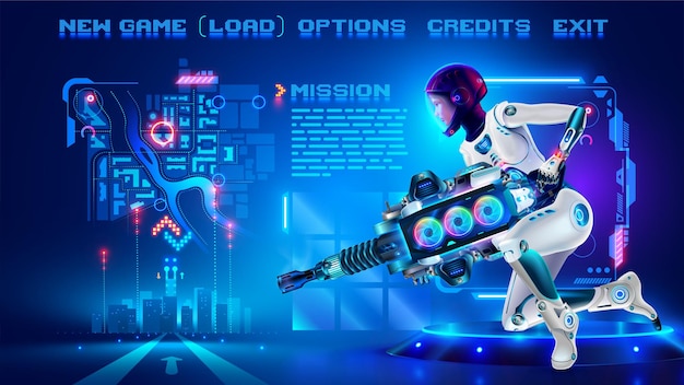Character fo space shooter in an abstract computer video game in menu frame interface with buttons game menu Interface computer shooter video game Screenshot of a video game Pixels test menu